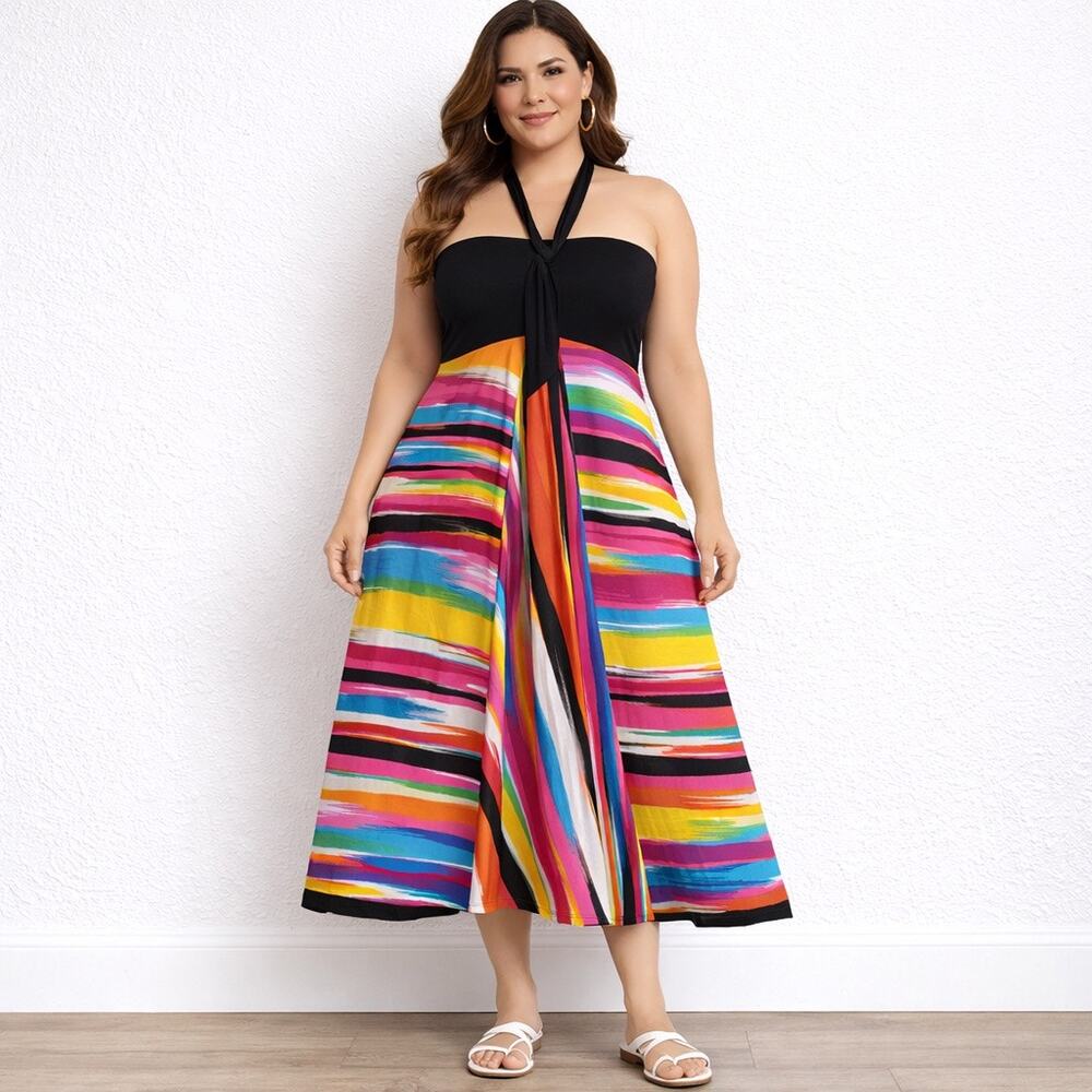 Catalina Black Multicolor Striped Halter Midi Dress Empire Waist Tie Front Sz 3X
